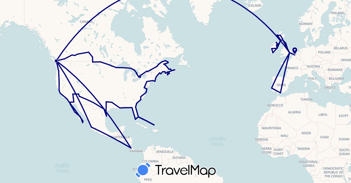 TravelMap itinerary: driving in Belgium, Canada, Costa Rica, Spain, United Kingdom, Ireland, Mexico, Portugal, Turks and Caicos Islands, United States (Europe, North America)